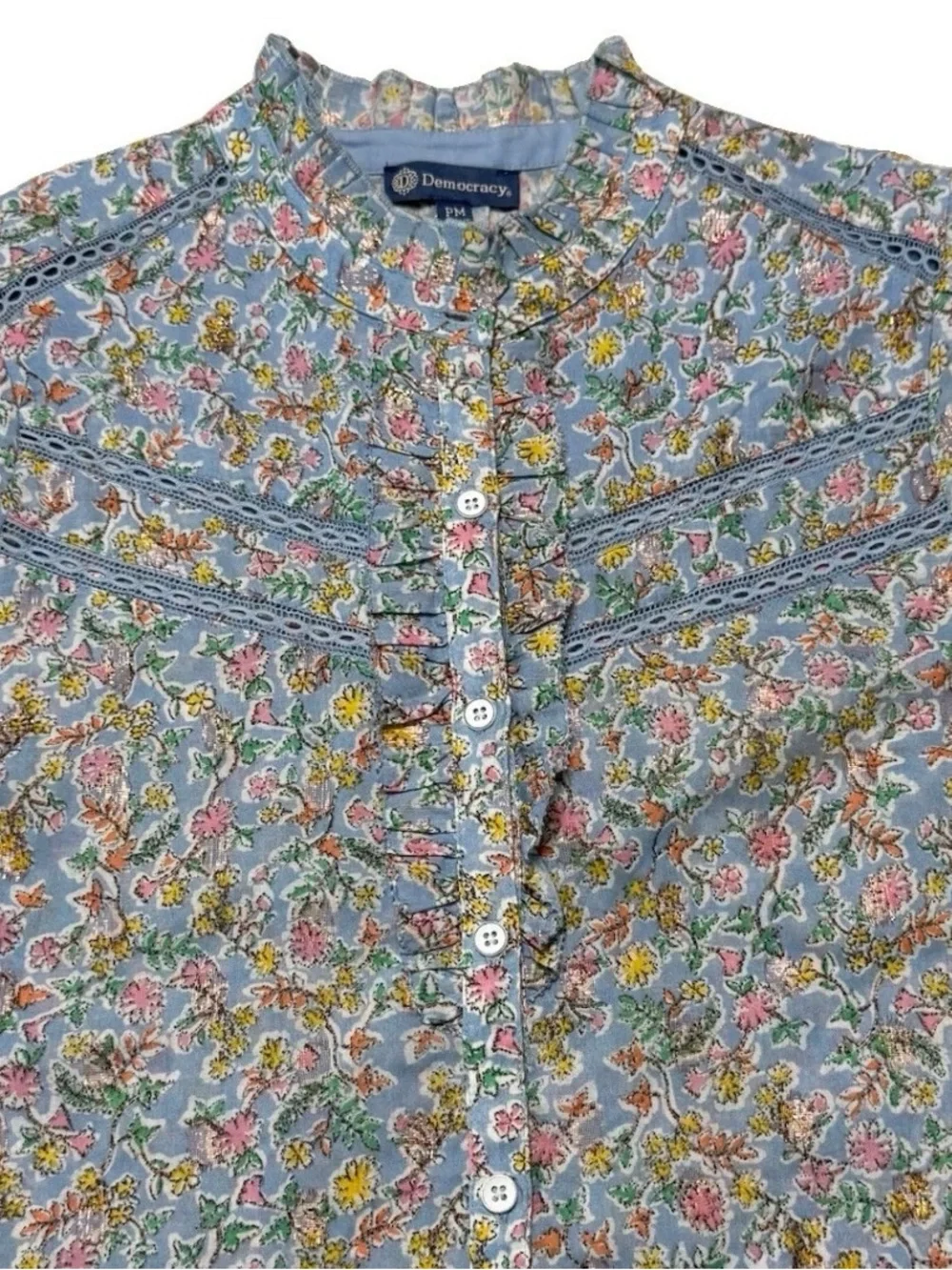 Democracy Light Blue Floral Ruffle-Neck Blouse